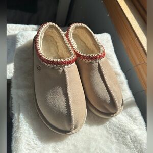 UGG Tan Slippers with Red Trim